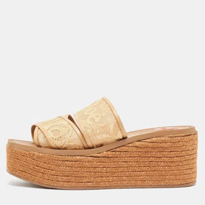 Pre-owned Chloé Beige Lace Woody Wedge Espadrilles Size 39