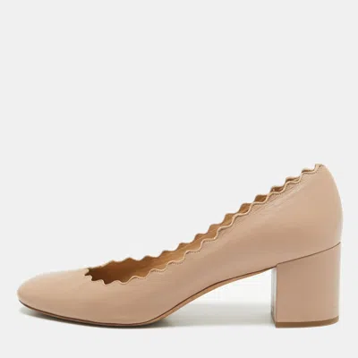 Pre-owned Chloé Beige Leather Laurena Scalloped Block Heel Pumps Size 36.5