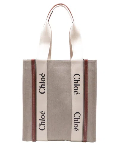 Chloé Beige Linen Canvas Large Woody Vertical Tote (authentic Pre-loved) In Neutral