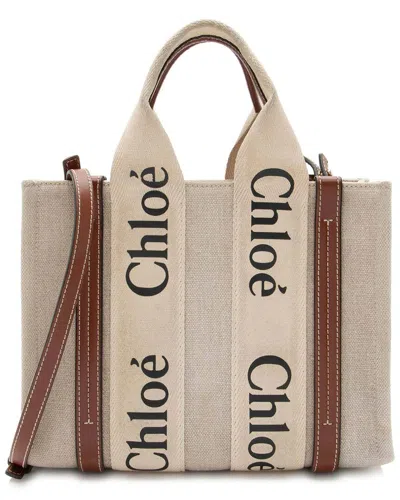 Pre-owned Chloé Beige Linen Canvas Woody Small Tote (authentic Pre-loved)