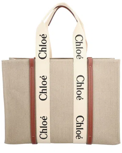 Chloé Beige Linen Large Woody Tote , Never Carried (authentic Pre-loved) In Neutral