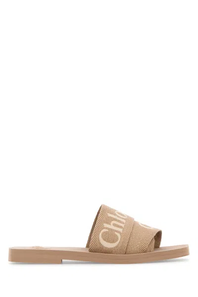 Chloé Chloe Beige Linen Woody Slippers In Gold