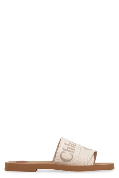 CHLOÉ CHLOÉ BEIGE LINEN WOODY SLIPPERS
