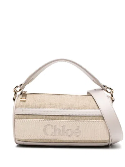 Chloé Beige Logo-embroidered Linen Two-way Crossbody Bag In Neutrals