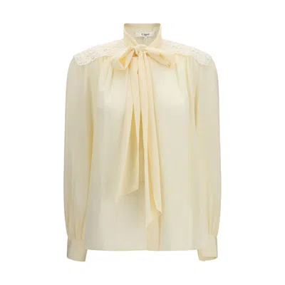 Chloé Bow Blouse With Embroidered Shoulders In White