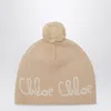 Chloé Beige Pom-pom Beanie With Logo In Neutral