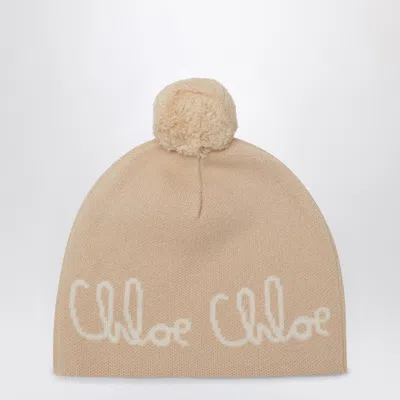 Chloé Chloe Beige Pom-pom Beanie With Logo Women In Metallic
