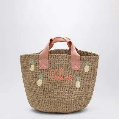 Chloé Kids' Beige Raffia-effect Bag With Logo Embroidery In Orange