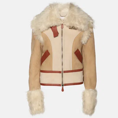 Pre-owned Chloé Beige Shearling And Leather Zip Jacket S In Sand