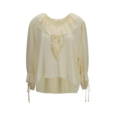 Chloé Long Sleeve Blouse Asymmetric Hem Ruffles In Neutral