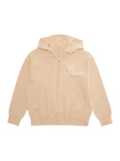 CHLOÉ BEIGE SWEATSHIRT WITH FIXED HOOD AND LOGO LETTERING ON THE FRONT IN COTTON BLEND GIRL