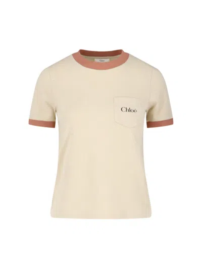 Chloé Beige T-shirt With Muted Rose Trim And Chest Pocket In Neutral