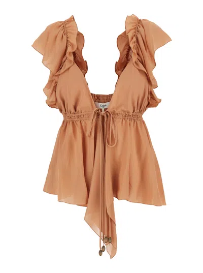 Chloé Beige Top With Gatherings And V Neck In Silk Georgette Woman In Cheek