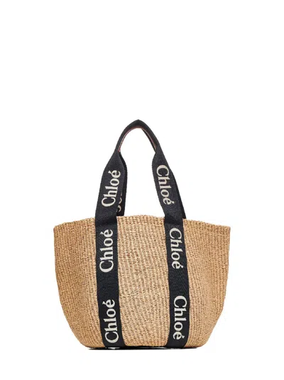 Chloé Beige Woody Large Tote Bag In Black
