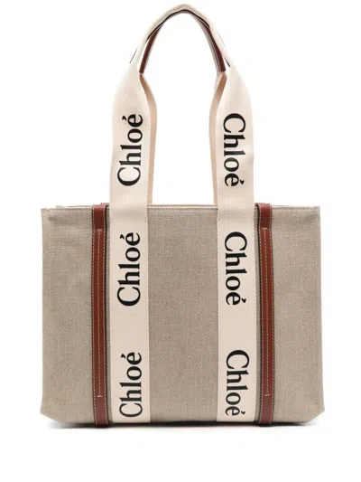 CHLOÉ BEIGE WOODY MEDIUM TOTE