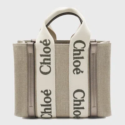 Chloé Beige Woody Tote In Shiny Grey