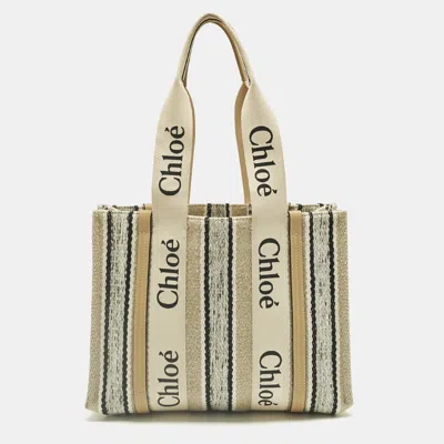 Pre-owned Chloé Beige/black Canvas And Leather Medium Striped Woody Tote In Sand
