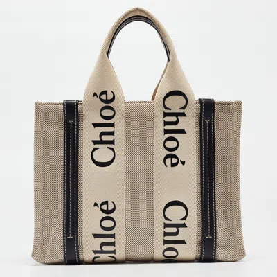 Pre-owned Chloé Beige/black Canvas And Leather Small Woody Tote
