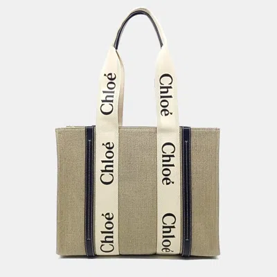 Pre-owned Chloé Beige/black Fabric Medium Woody Tote In Sand