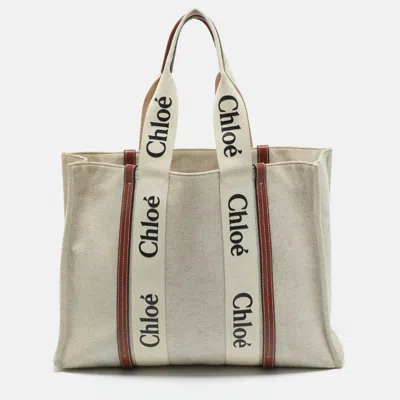 Pre-owned Chloé Beige/brown Canvas And Leather Large Woody Tote
