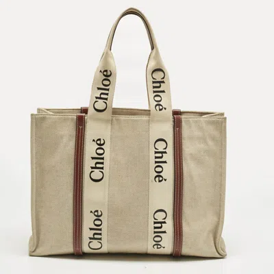 Pre-owned Chloé Beige/brown Canvas And Leather Large Woody Tote In Sand