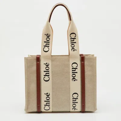 Pre-owned Chloé Beige/brown Canvas And Leather Medium Woody Tote In Sand