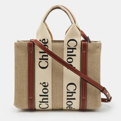 Pre-owned Chloé Beige/brown Canvas And Leather Small Woody Tote In Sand