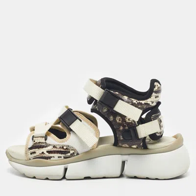 Pre-owned Chloé Beige/brown Lizard Embossed Leather And Mesh Flat Sandals Size 36