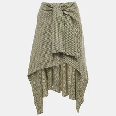 Pre-owned Chloé Beige/green Houndstooth Wool Knot Detail Asymmetric Skirt S In Sand