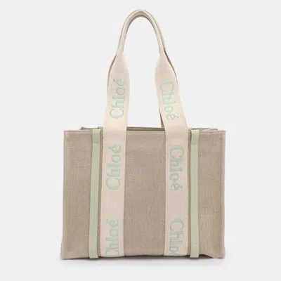 Pre-owned Chloé Beige/light Eucalyptus Canvas And Leather Medium Woody Tote In Sand