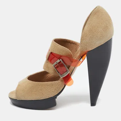 Pre-owned Chloé Beige/orange Suede And Pvc Cross Strap Pumps Size 37