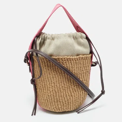Pre-owned Chloé Beige/pink Raffia And Canvas Small Woody Basket Bag