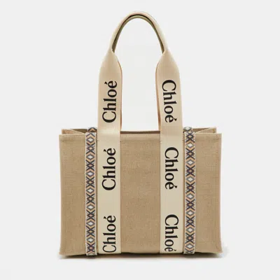 Pre-owned Chloé Beige/slate Green Canvas Medium Woody Ribbon Tote In Sand