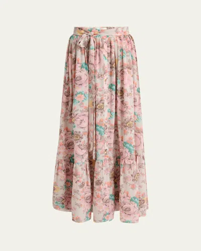 Chloé Belted Floral-print Silk Maxi Skirt In Pink