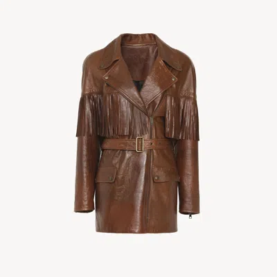 CHLOÉ BELTED FRINGED JACKET IN LEATHER BROWN SIZE 8 100% SHEEPSKIN
