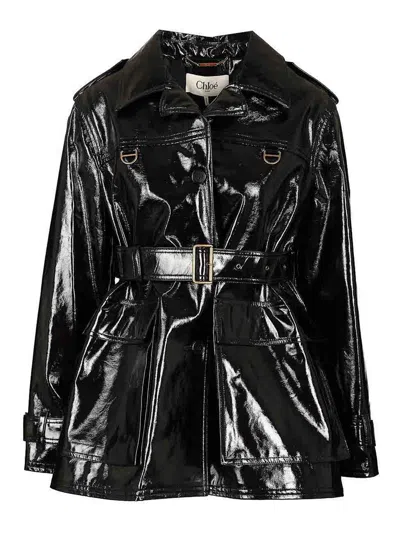 Chloé Glossy Cotton Canvas Jacket With Buckle Detail In Black