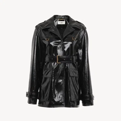 Chloé Belted Jacket In Shiny Coated Cotton In Black