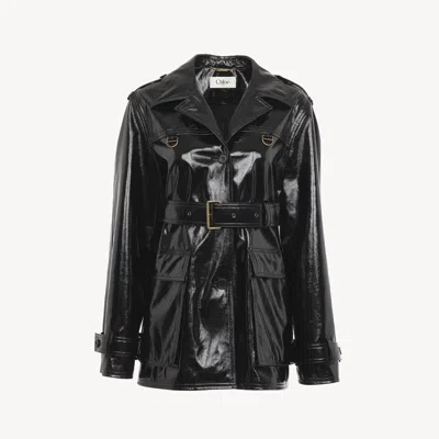 Chloé Belted Jacket In Shiny Coated Cotton Black Size 4 100% Cotton, Horn Bubalus Bubalis, Farmed, Coo Ind