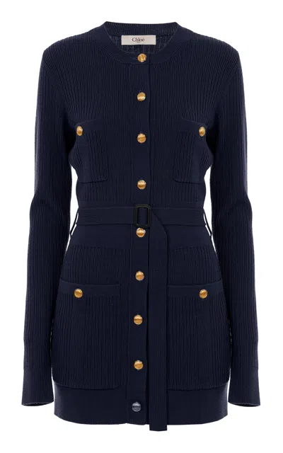 Chloé Belted Ribbed-knit Mini Dress In Blue