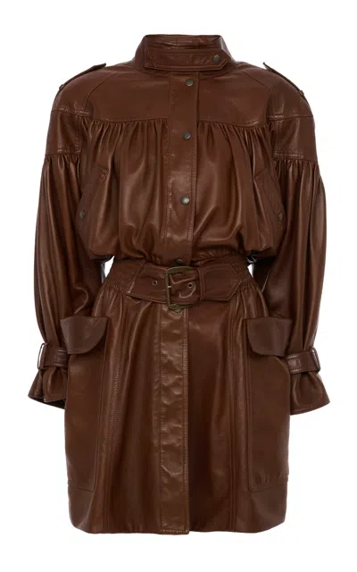 Chloé Belted Leather Coat In Brown