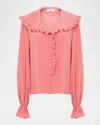 Chloé Bertha-collar Ruffle Button-down Silk Blouse In Red