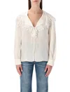 Chloé Blouse With A Maxi Collar In Silk Jacquard And Lace In Neutral