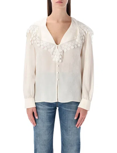 CHLOÉ CHLOÉ FLORAL LACE-TRIM JACQUARD SILK BLOUSE