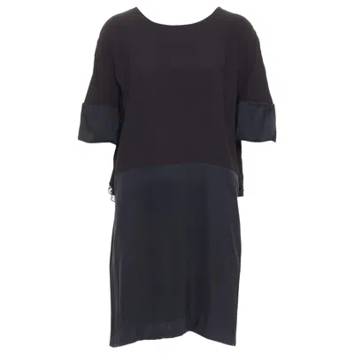 Pre-owned Chloé Chloe Black 100% Silk Crepe Satin Contrast Cape Back Dress Fr42 Xl