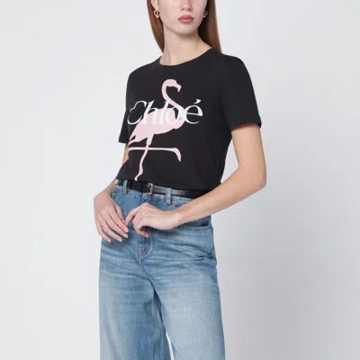 CHLOÉ BLACK BABY-FIT T-SHIRT WITH LOGO AND FLAMINGO PRINT