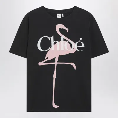 Chloé Black Baby-fit T-shirt With Logo And Flamingo Print Women