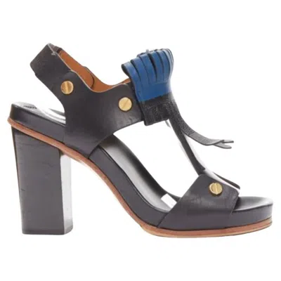 Pre-owned Chloé Chloe Black Blue Fringe Detail Gold Nail Grommet Block Heel Sandal Eu37