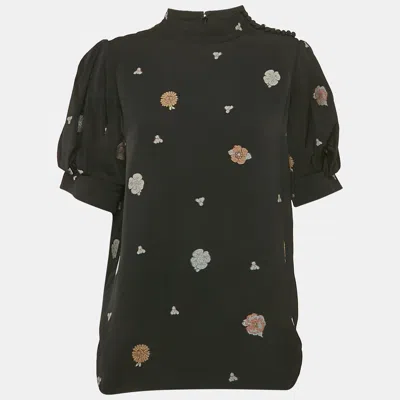 Pre-owned Chloé Black Brocade Puff Sleeve Top L