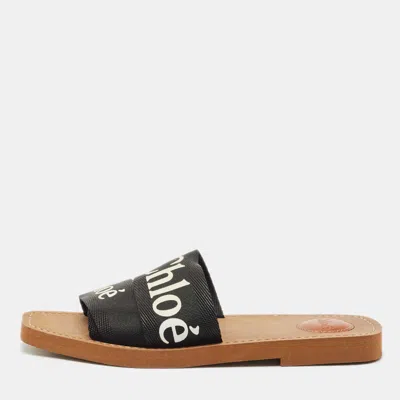 Pre-owned Chloé Black Canvas Logo Ribbon Woody Flat Slide Sandals Size 39