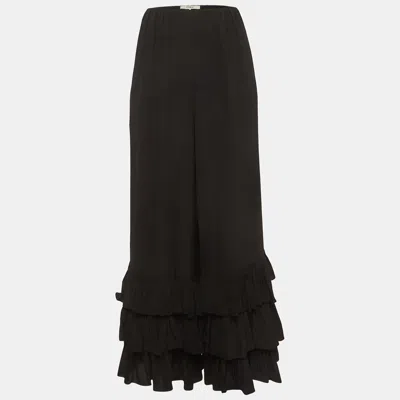 Pre-owned Chloé Black Crepe Tiered Ruffle Hem Wide-leg Pants L